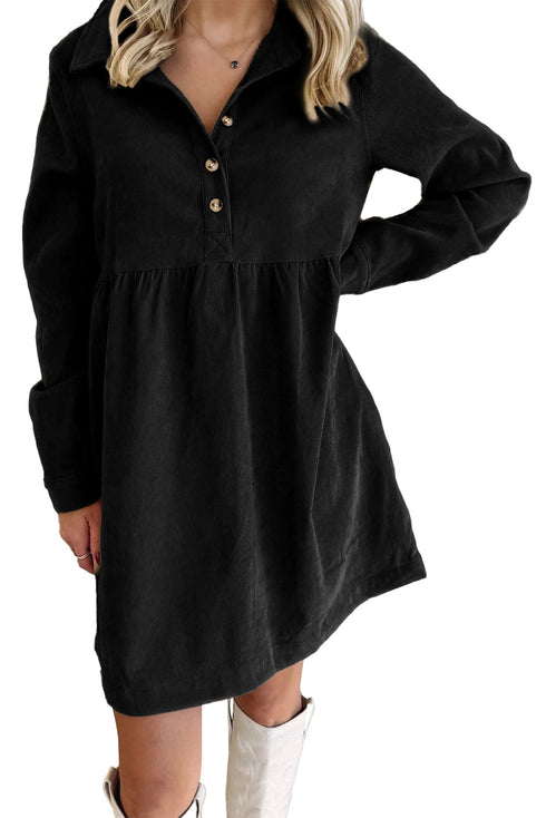 Corduroy Collared Half Button Babydoll Mini Dress